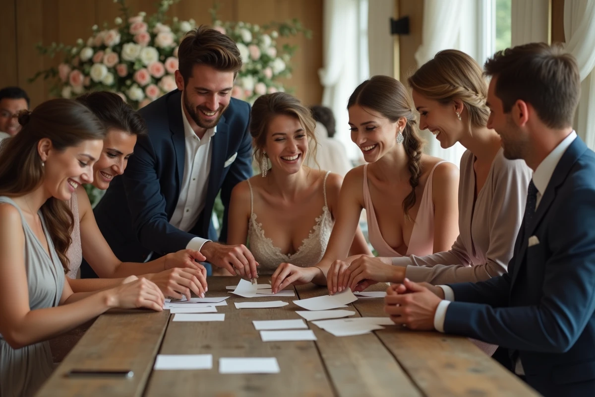 Groupe d'amis lors d'un mariage rustique et joyeux