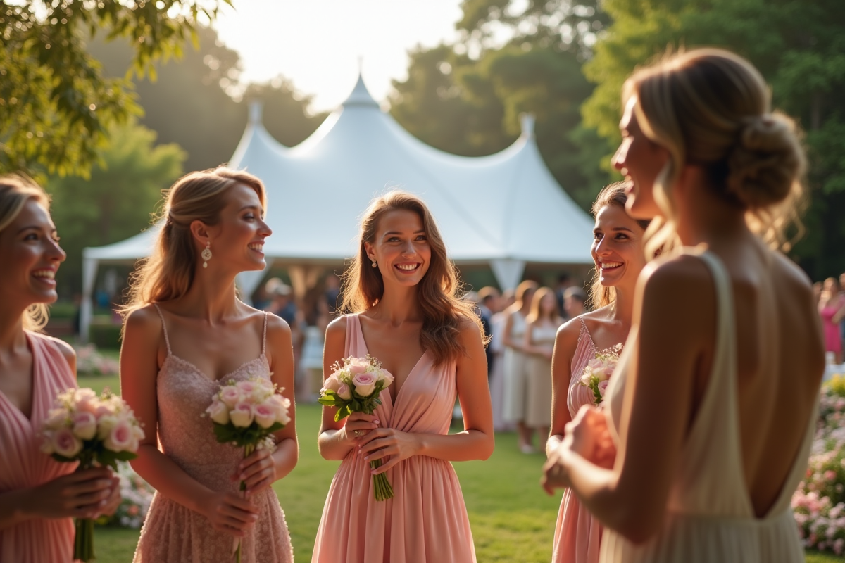 Groupe d'invités élégants lors d'un mariage en extérieur