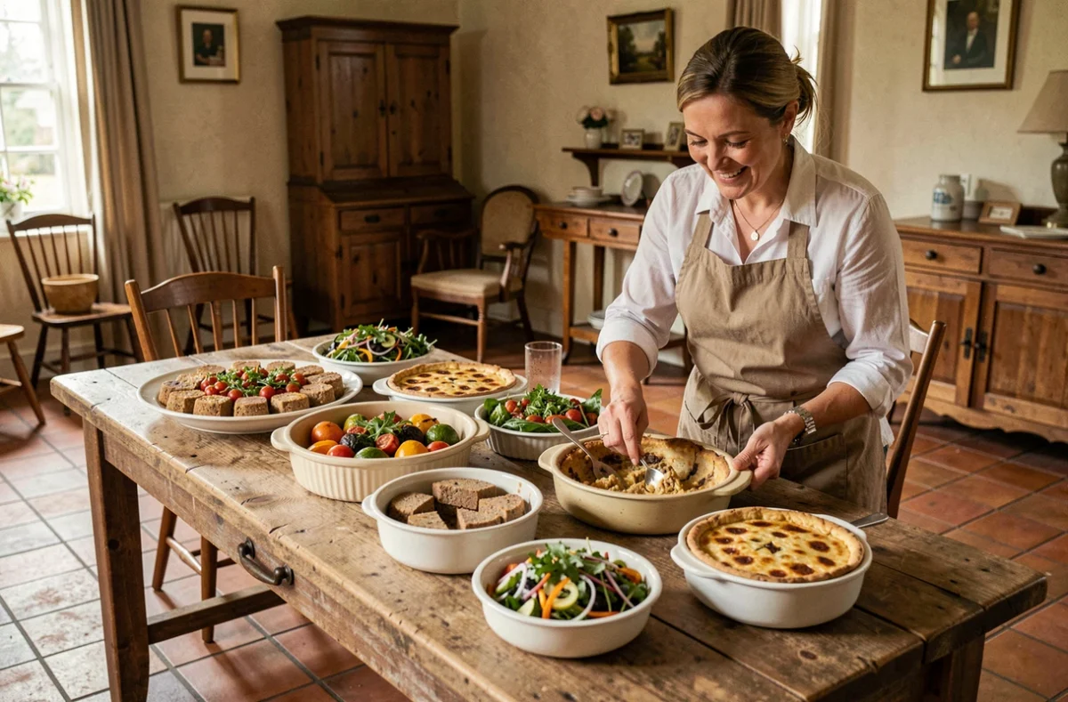 Buffet de mariage fait maison par Gustine's Traiteur avec terrines artisanales, quiches et salades dans une ferme normande