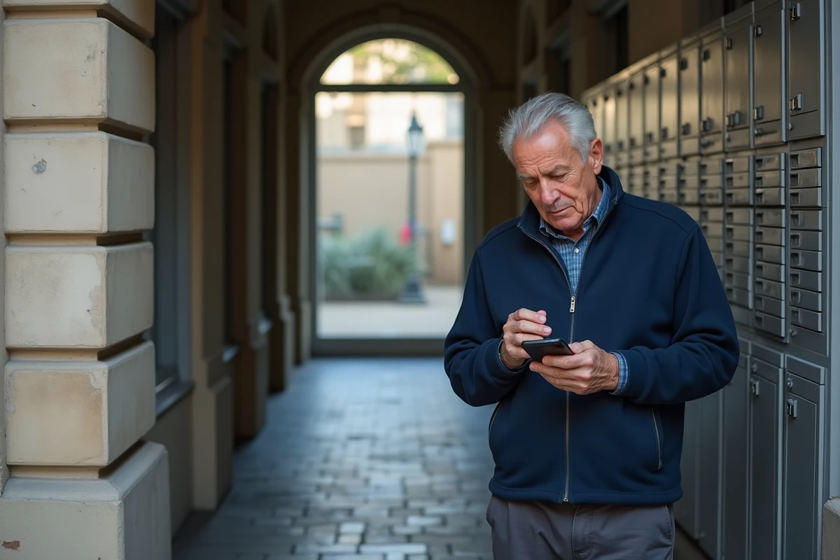 Homme &acirc;g&eacute; seul lisant des avis sur une application de voisinage dans le hall de son immeuble