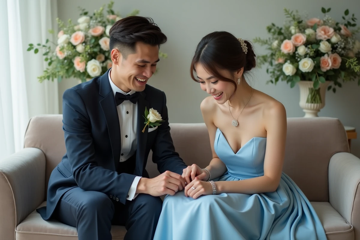 Homme aidant sa partenaire à mettre un bracelet en intérieur