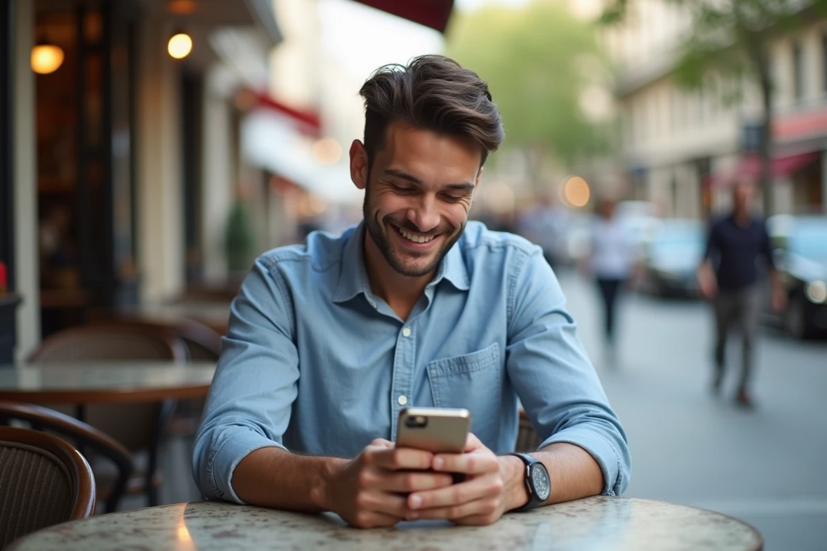 Homme assis au café extérieur en train d
