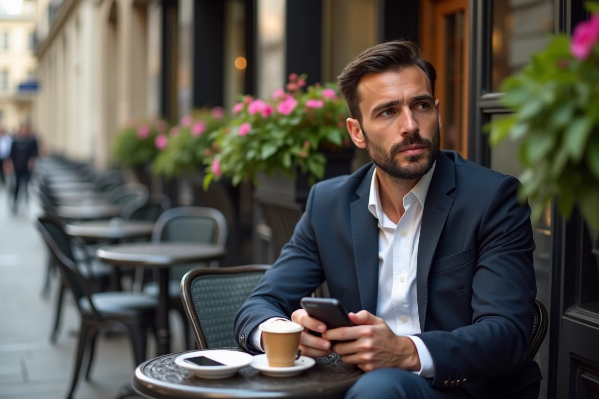 Homme en blazer dans un café parisien