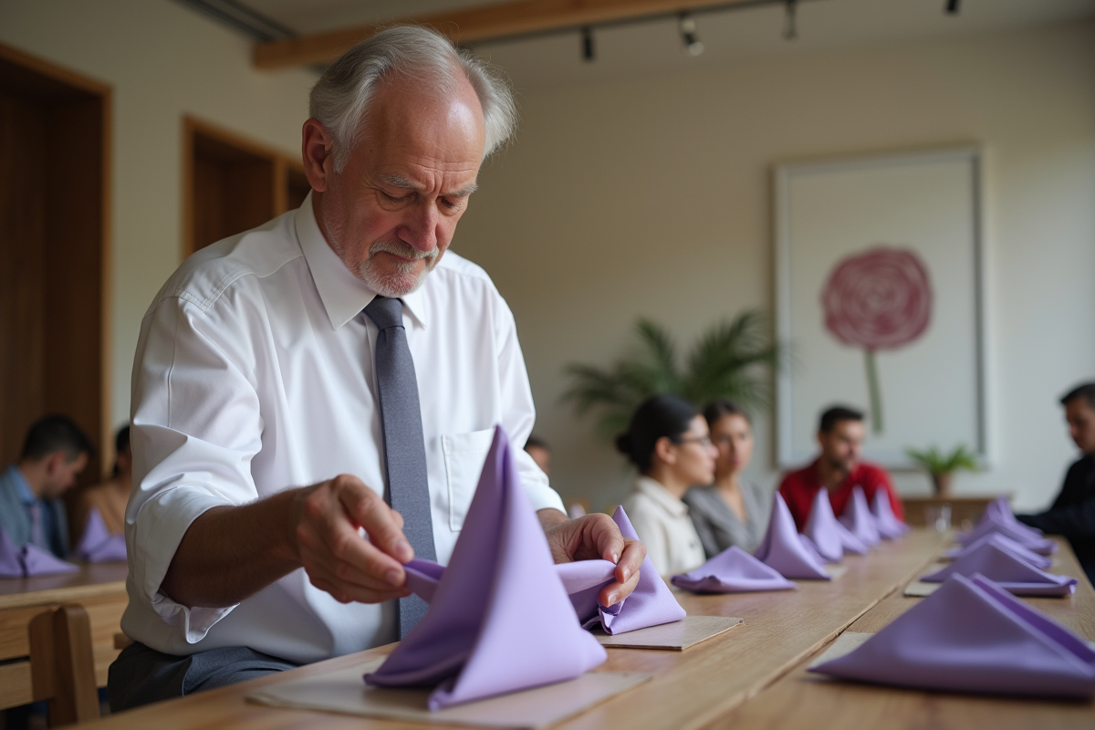 Homme montrant la technique de pliage de serviettes lors d’un atelier mariage