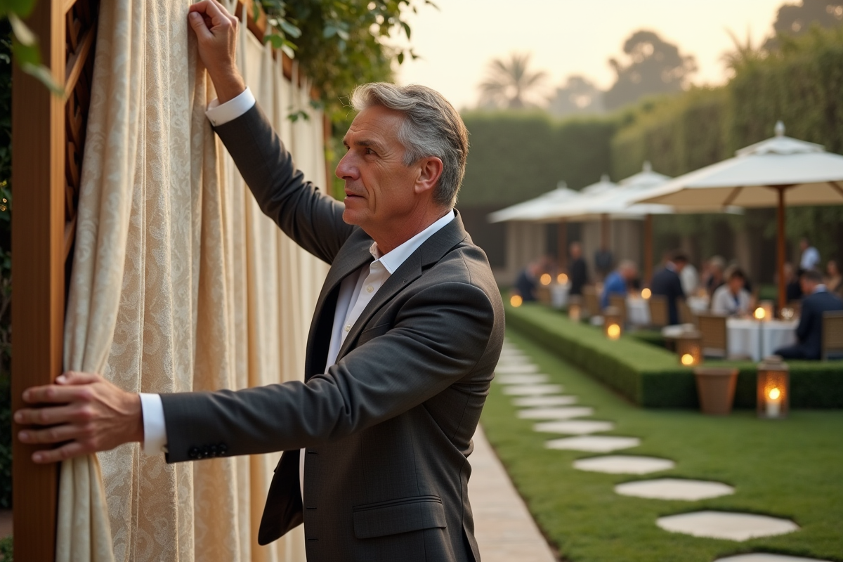 Homme habillé suspendant des tissus dans un jardin festif