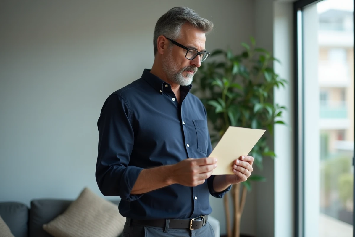 Homme lisant une lettre de remerciement avec une expression touchée dans un appartement moderne