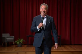 Homme en costume bleu parle au micro lors d'un événement