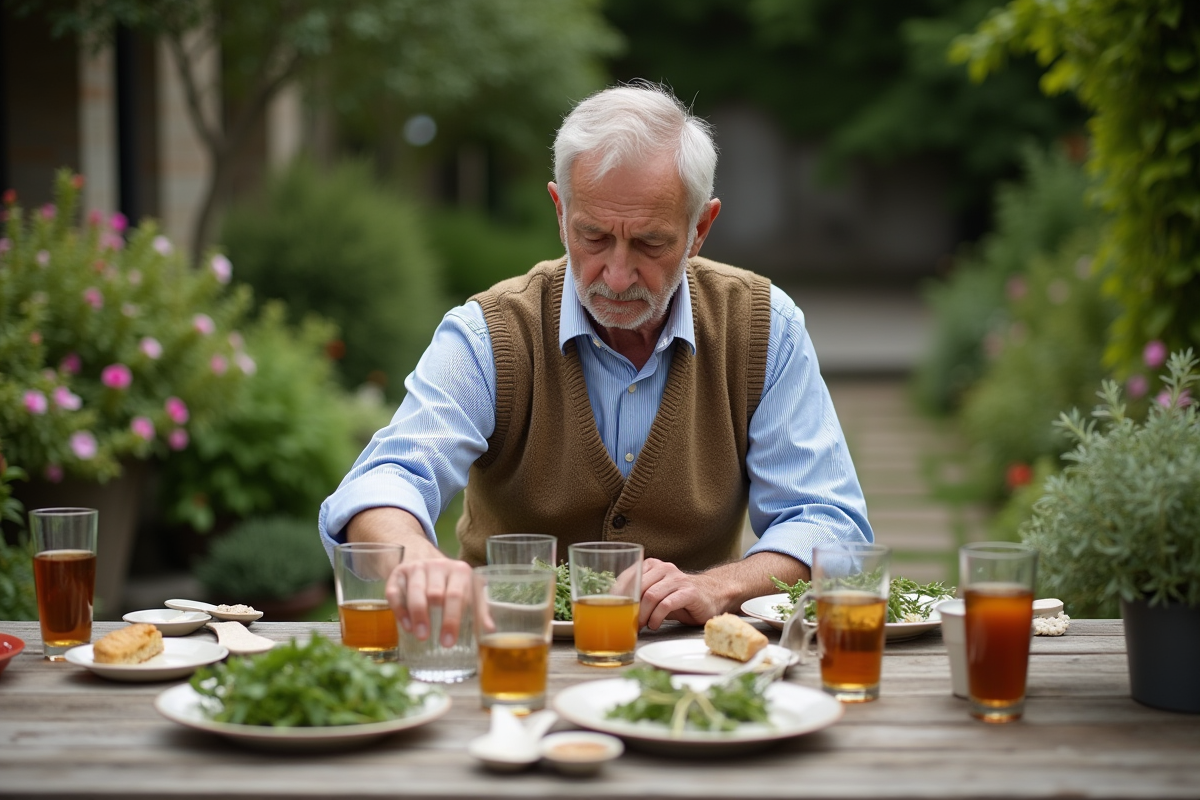 Homme âgé disposant des verres sur une table de jardin