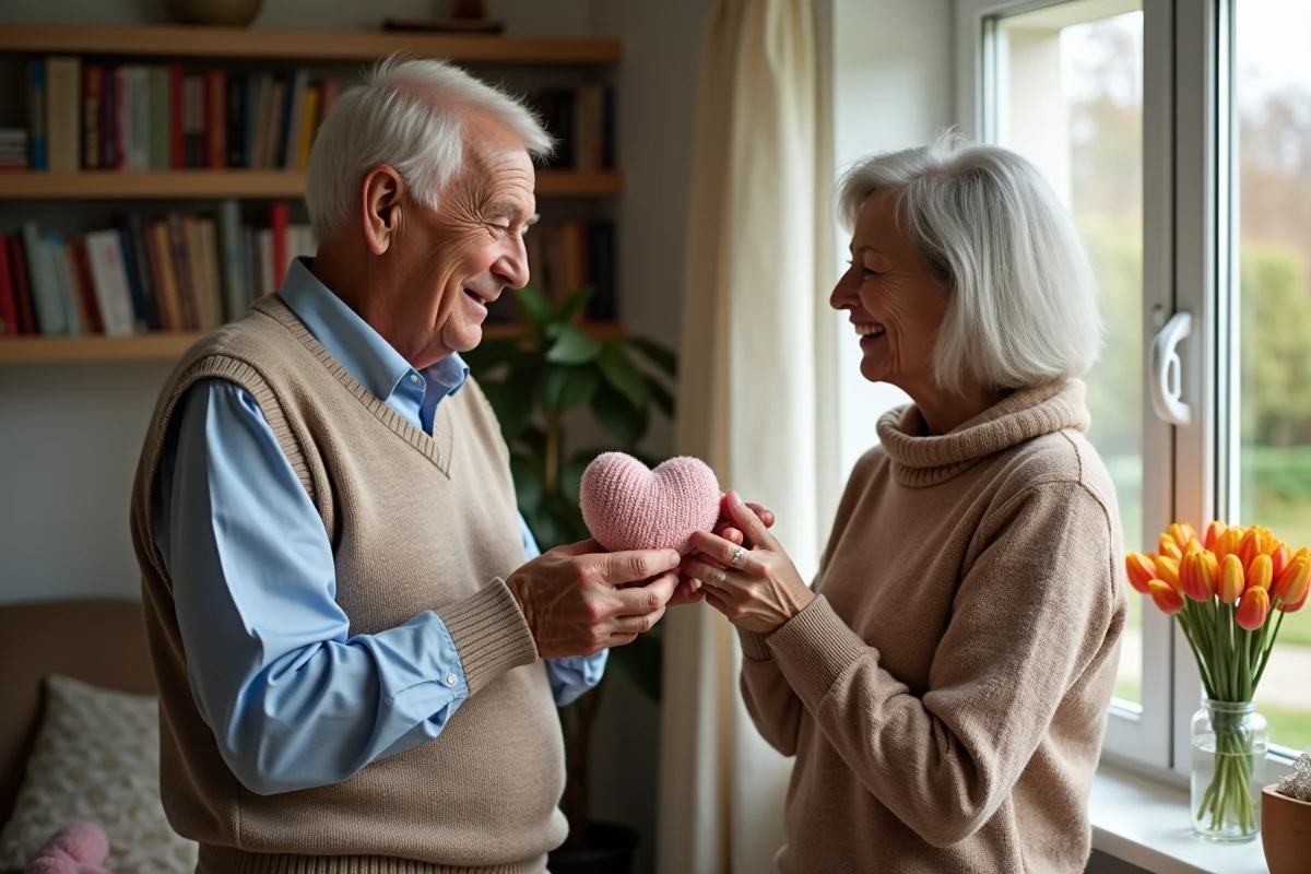 Homme offrant un coeur en coton tricoté à une femme souriante