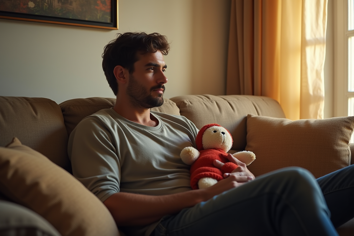 Homme assis dans un salon avec un jouet d'enfance
