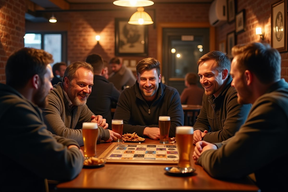 Hommes jouant à un jeu de société dans un pub chaleureux