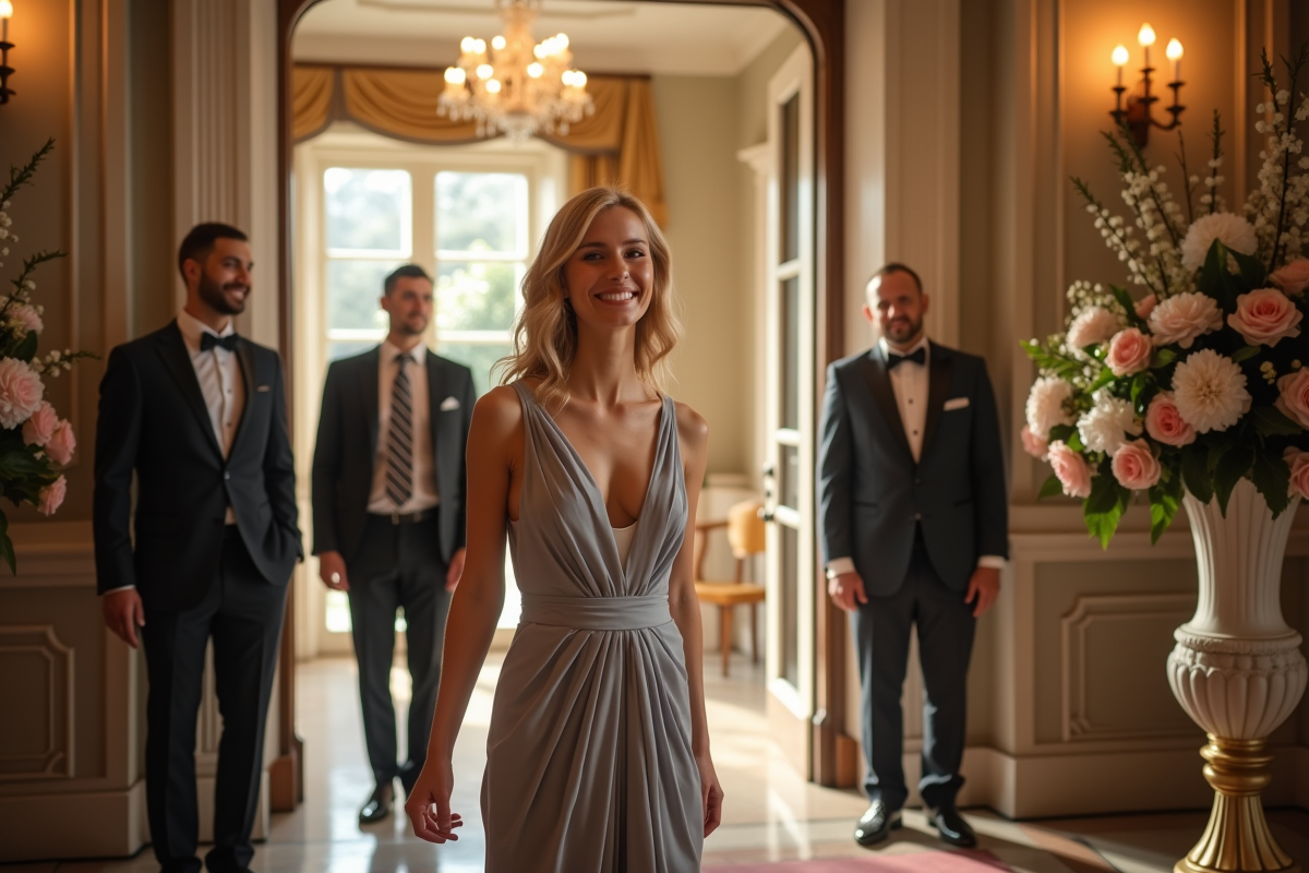 Hôtesse de mariage accueillant les invités à l'entrée