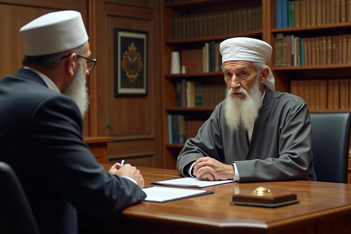 Imam albanais et notaire français discutant des aspects légaux d'un mariage religieux et civil en France