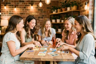 Groupe d'amies jouant à un jeu EVJF à imprimer autour d'une table de café avec cartes et rosé