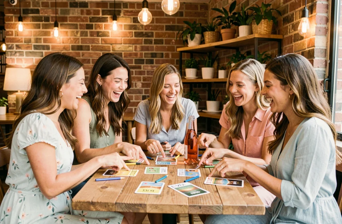 Groupe d'amies jouant à un jeu EVJF à imprimer autour d'une table de café avec cartes et rosé