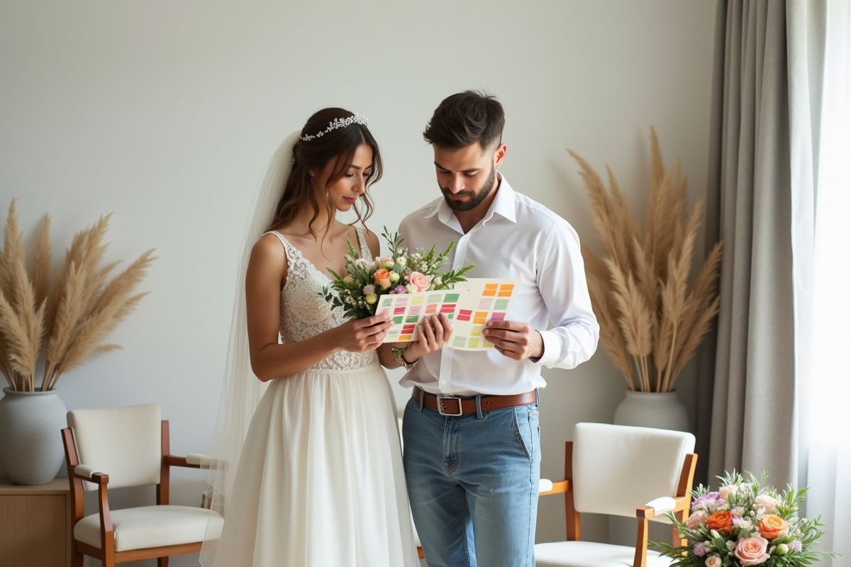 Jeune couple choisissant des fleurs et couleurs pour le mariage