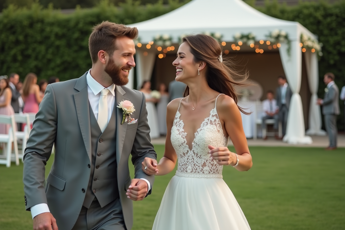 Jeune couple de mariés dansant près du DJ en extérieur