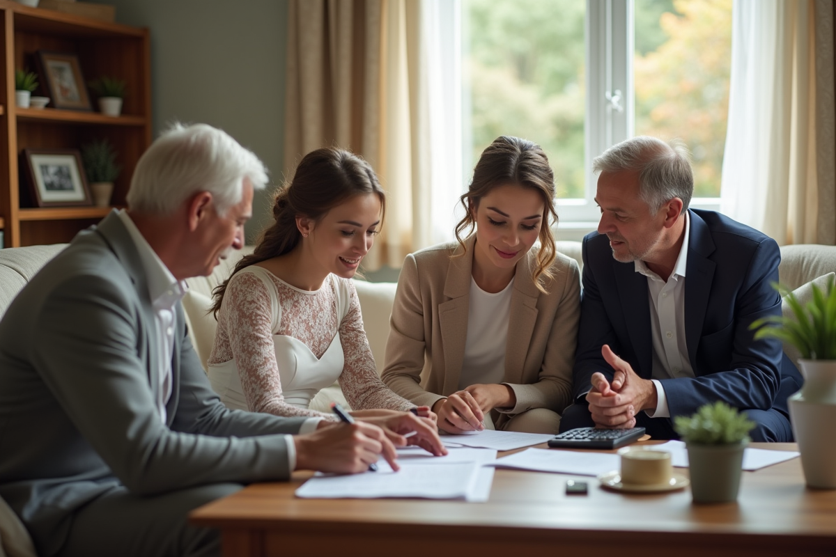 Jeune couple en mariage discutant avec parents