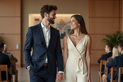 Jeune couple en mairie moderne souriant et se tenant la main