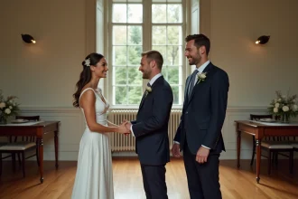 Jeune couple marié lors d'une cérémonie civile élégante