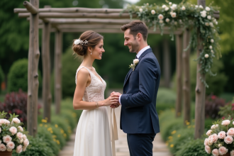 Jeune couple échangeant des vœux dans un jardin
