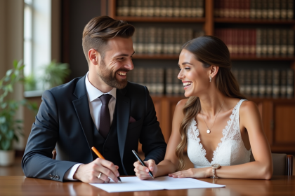 Jeune couple riant lors de la signature de mariage à la mairie