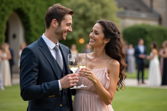 Jeune couple élégant riant lors d'une réception de mariage en extérieur