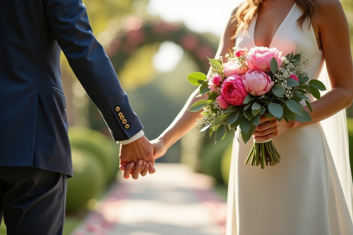 Jeune couple marié tenant main dans un jardin ensoleille