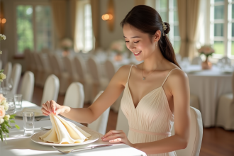 Jeune femme plie une serviette en forme de cygne lors d’un mariage