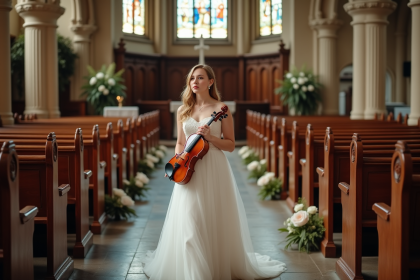 Jeune femme en robe de mariage avec violon dans une église