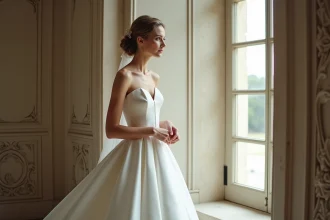 Jeune femme en robe de mariée princesse dans un château élégant