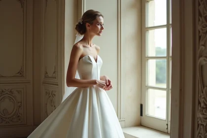 Jeune femme en robe de mari&eacute;e princesse dans un ch&acirc;teau &eacute;l&eacute;gant