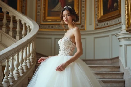 Jeune femme en robe de mari&eacute;e dans un ch&acirc;teau &eacute;l&eacute;gant