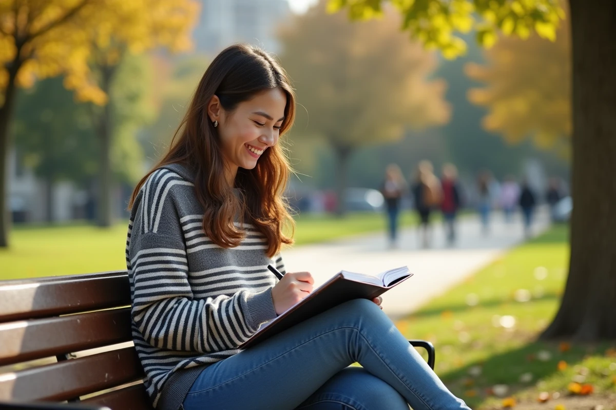 Jeune femme en pull ray&eacute; rit en regardant ses notes dans un parc