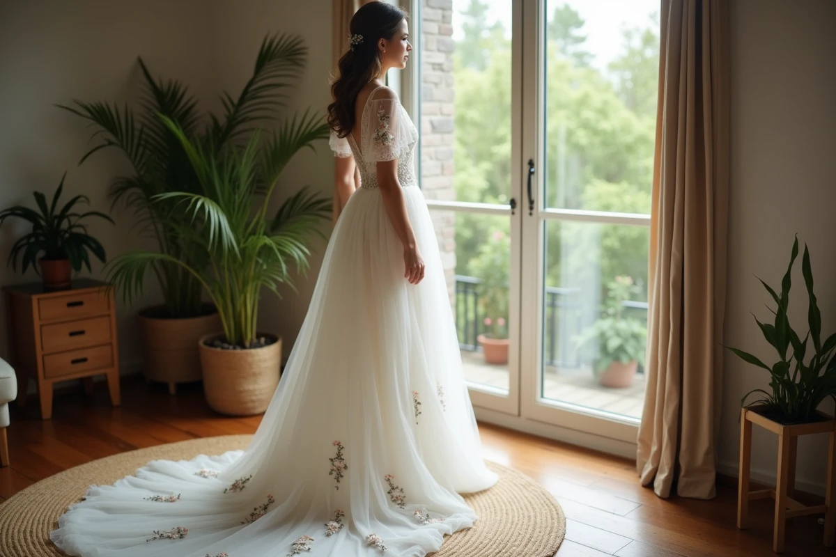 Jeune mari&eacute;e regardant par une grande fenetre int&eacute;rieure