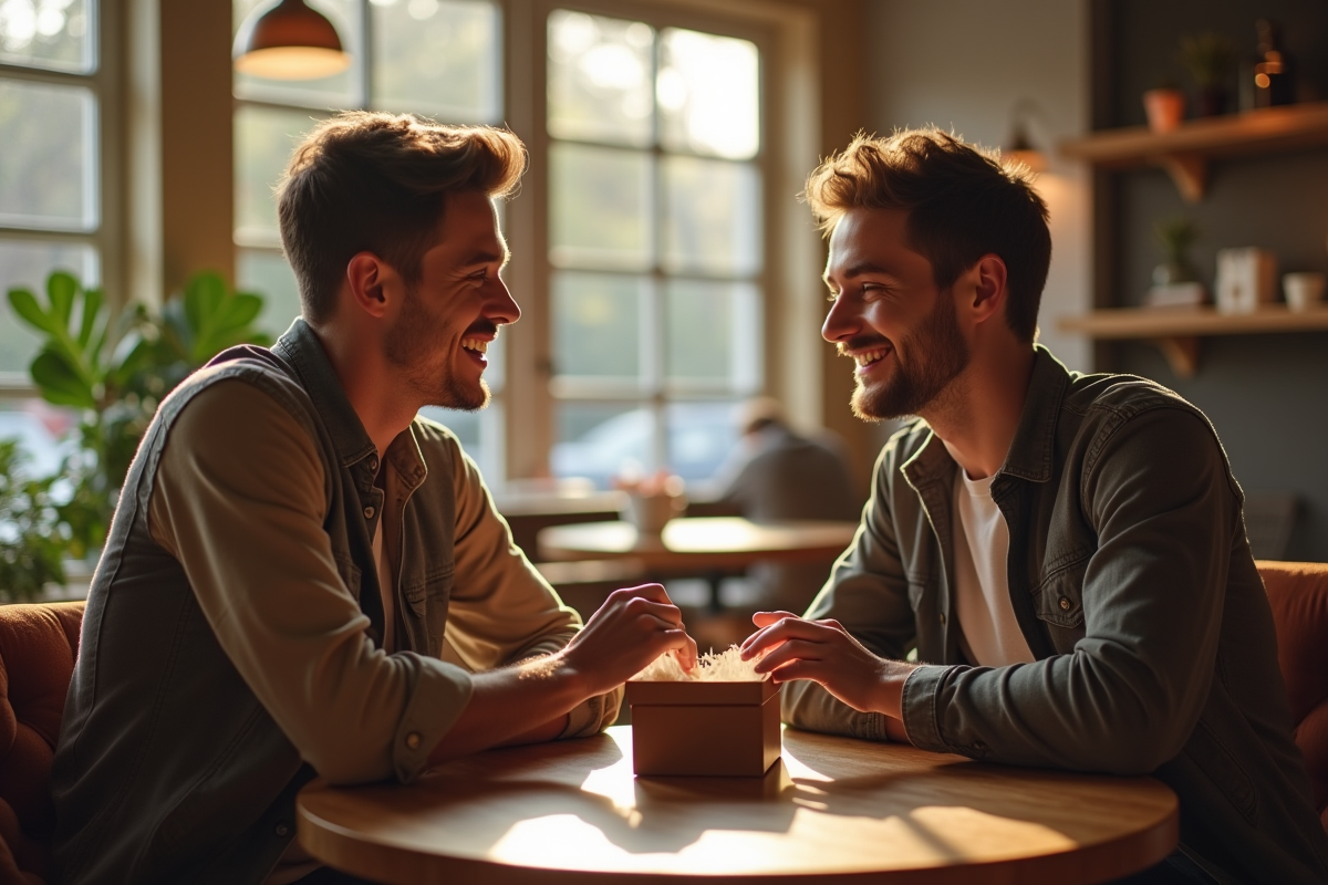 Jeune homme souriant offrant une petite boîte élégante dans un café