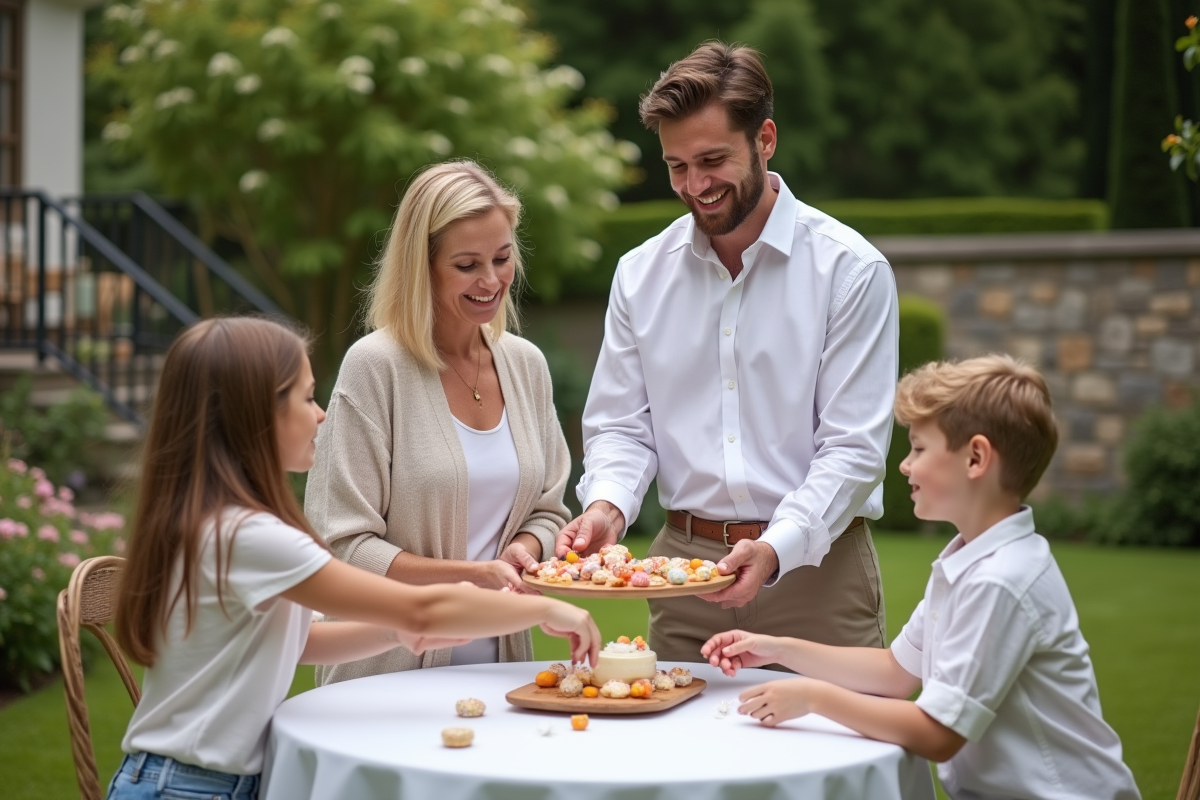 Jeune homme offrant des dragées à une famille dans un jardin ensoleille