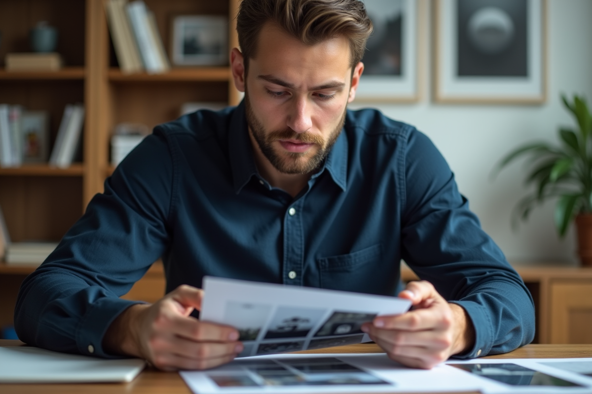 Jeune homme en bureau moderne consulte son portfolio
