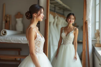 Jeune mari&eacute;e en robe de mari&eacute;e dans un atelier lumineux