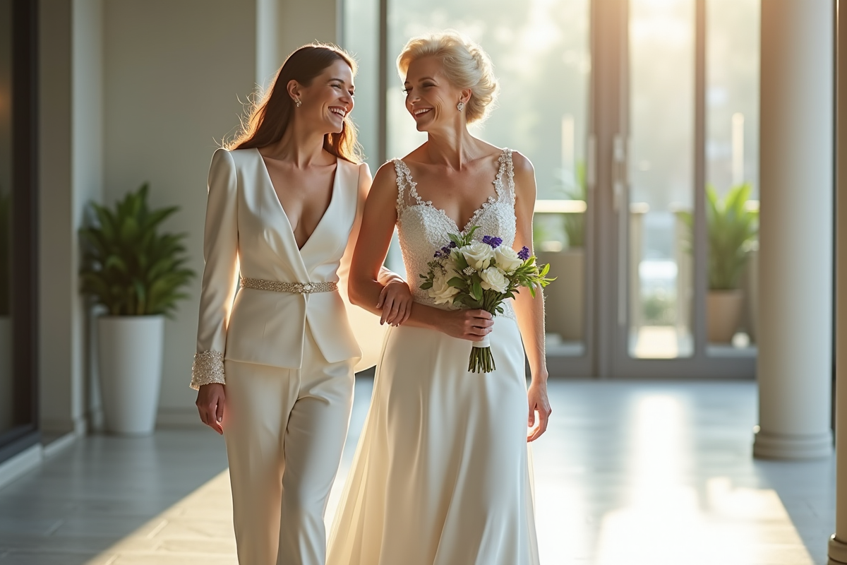 Jeune mariée et sa mère dans une mairie moderne en souriant