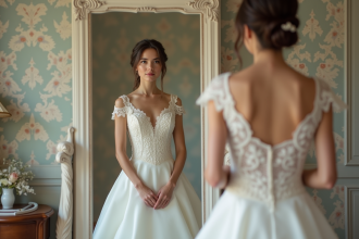 Jeune mariée en robe lacée regardant son reflet