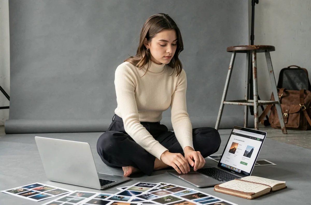 Jeune photographe recherchant des offres d'emploi en ligne sur un site spécialisé entourée de planches contact dans un studio