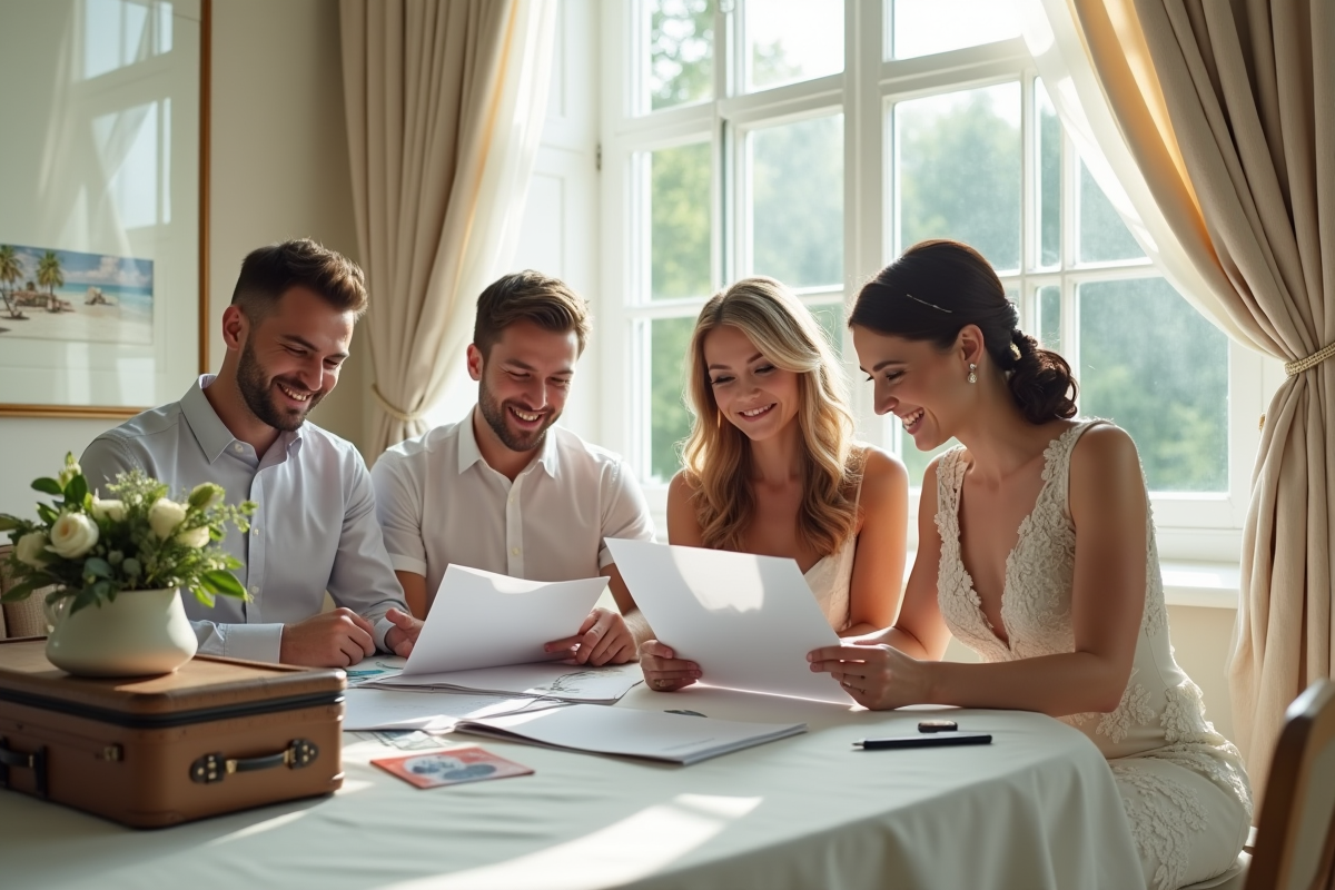 Jeunes couples mariés autour d'une table élégante avec documents et valises