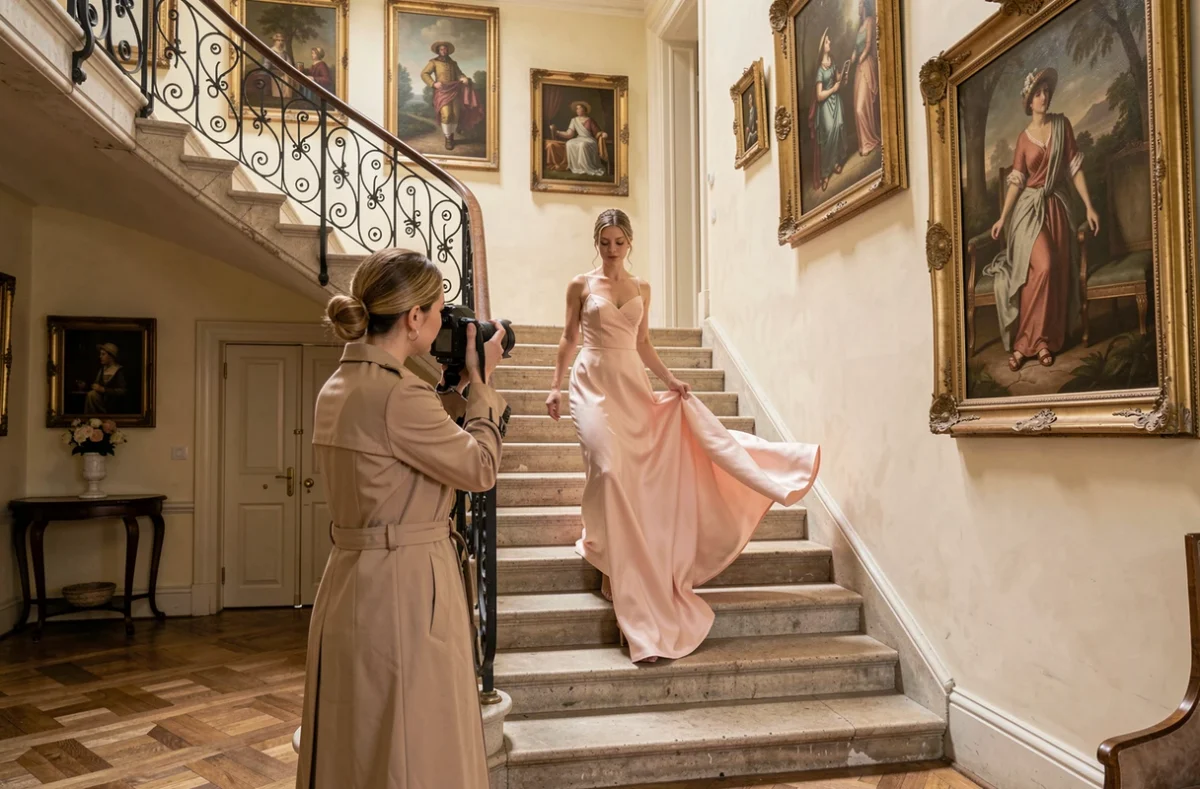 Julie de Solliers photographiant une mariée descendant un escalier en pierre dans un manoir historique de Seine-Maritime