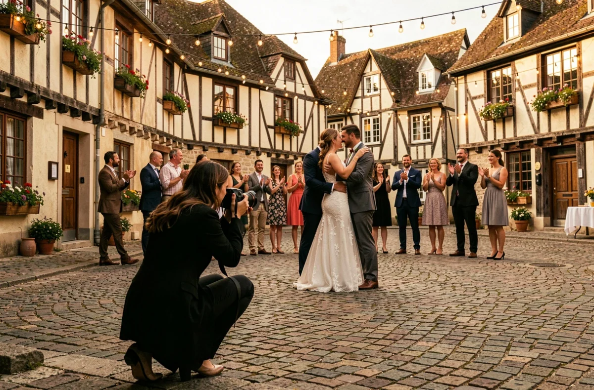 Julie Photographie immortalisant une danse de mariage dans une place de village normand typique de Seine-Maritime