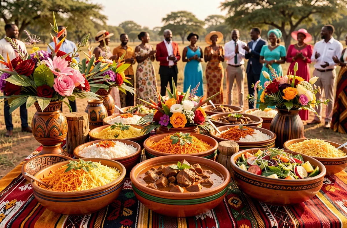 Table de fête de mariage aux saveurs africaines préparée par Kidira Traiteur avec des plats colorés et des décorations florales