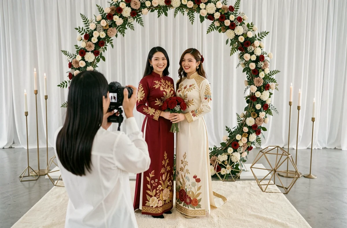 Lan-foto photographiant un couple de mariage multiculturel mêlant traditions vietnamiennes et françaises dans un espace événementiel de Seine-Maritime
