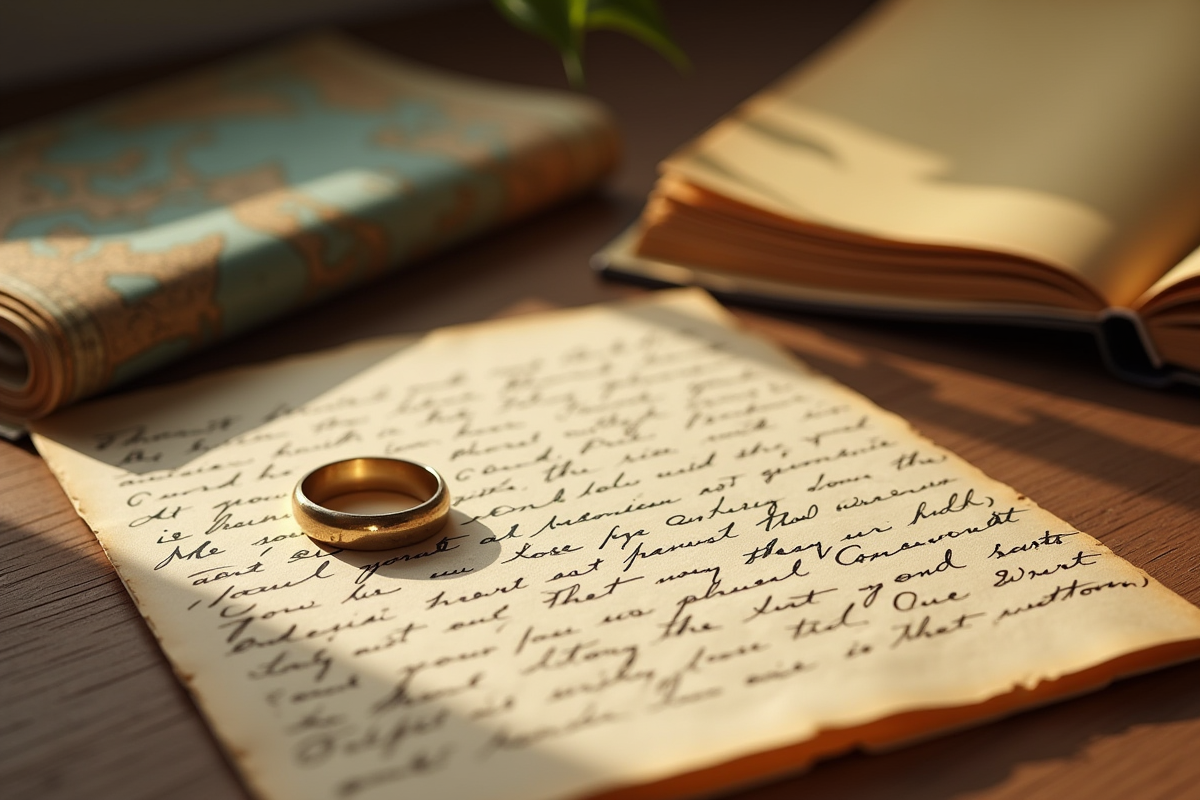 Lettre ancienne et bague de mariage sur une carte du monde