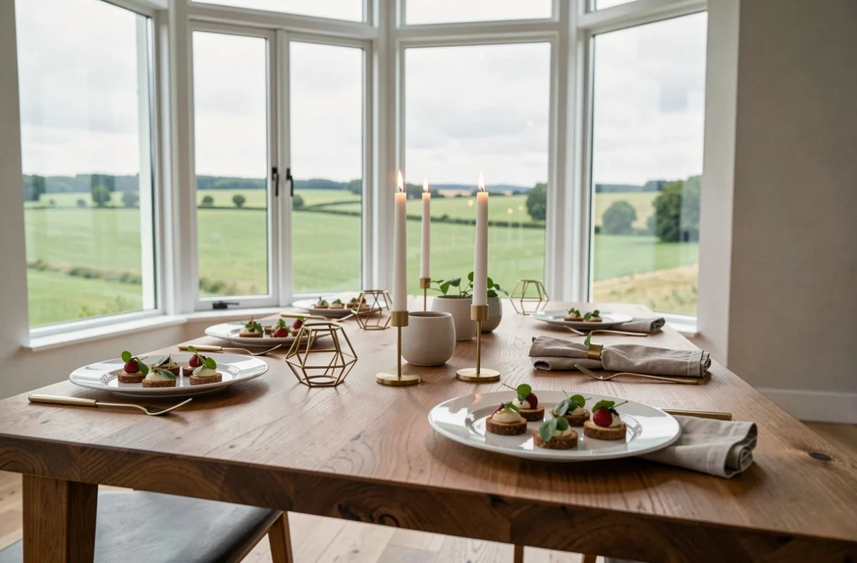 Table de réception de mariage épurée et moderne dressée par L'Evidence Traiteur dans une salle avec vue sur la campagne normande