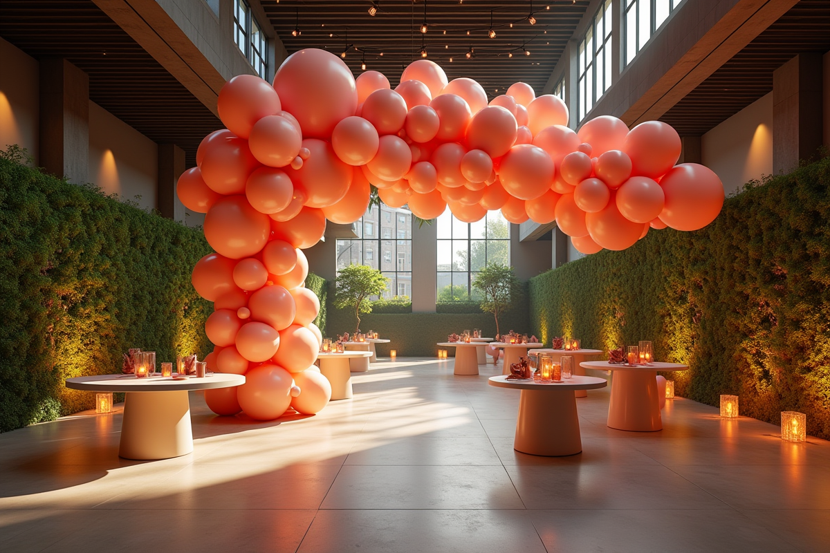 Lieu de mariage moderne avec installation de ballons et murs végétaux
